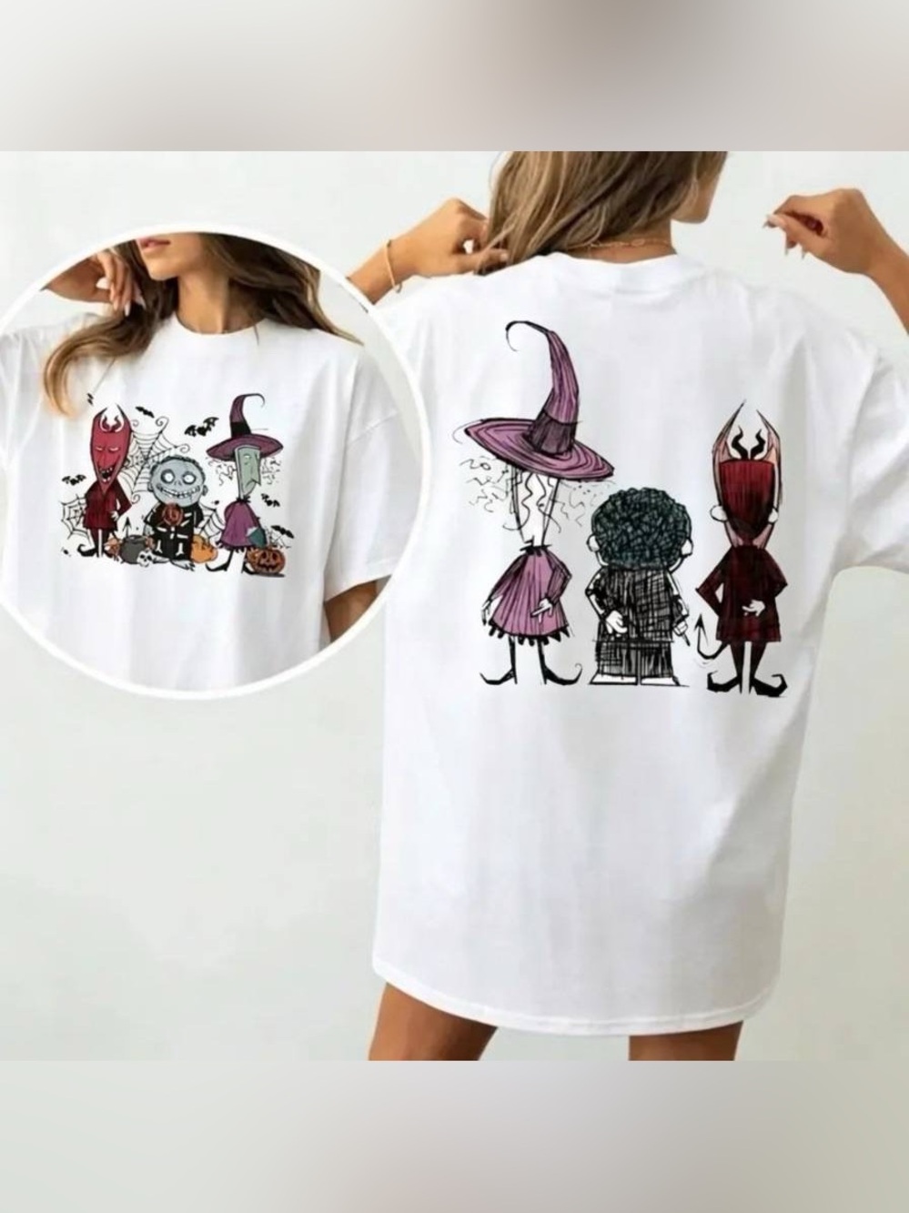 White Halloween Graphic Tee with Witch Characters, Spooky Trio Halloween tee